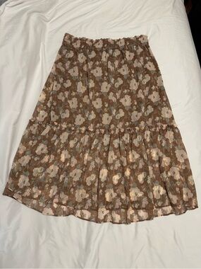 LC Lauren Conrad Brown Floral Tiered Midi Skirt with Cream Blooms